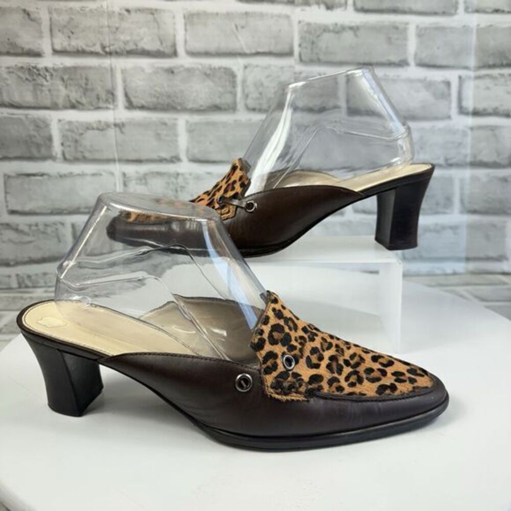 Etienne Aigner Falcon Women's 8.5 Leopard Calf Hair Brown Leather Mule Heels